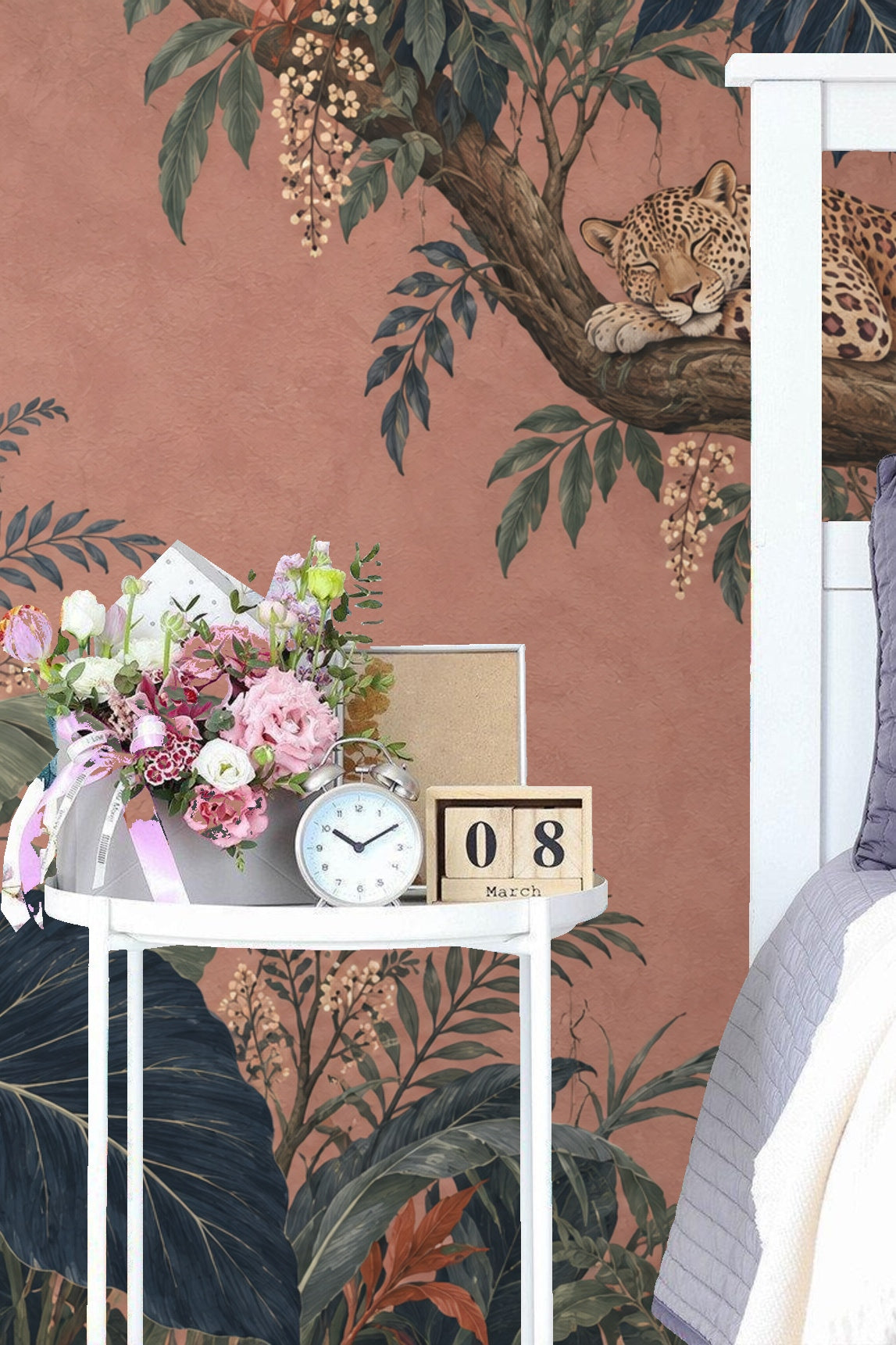 Antique console table with floral arrangements and candlesticks set against Dusk Leopard Grove wallpaper featuring a reclining leopard