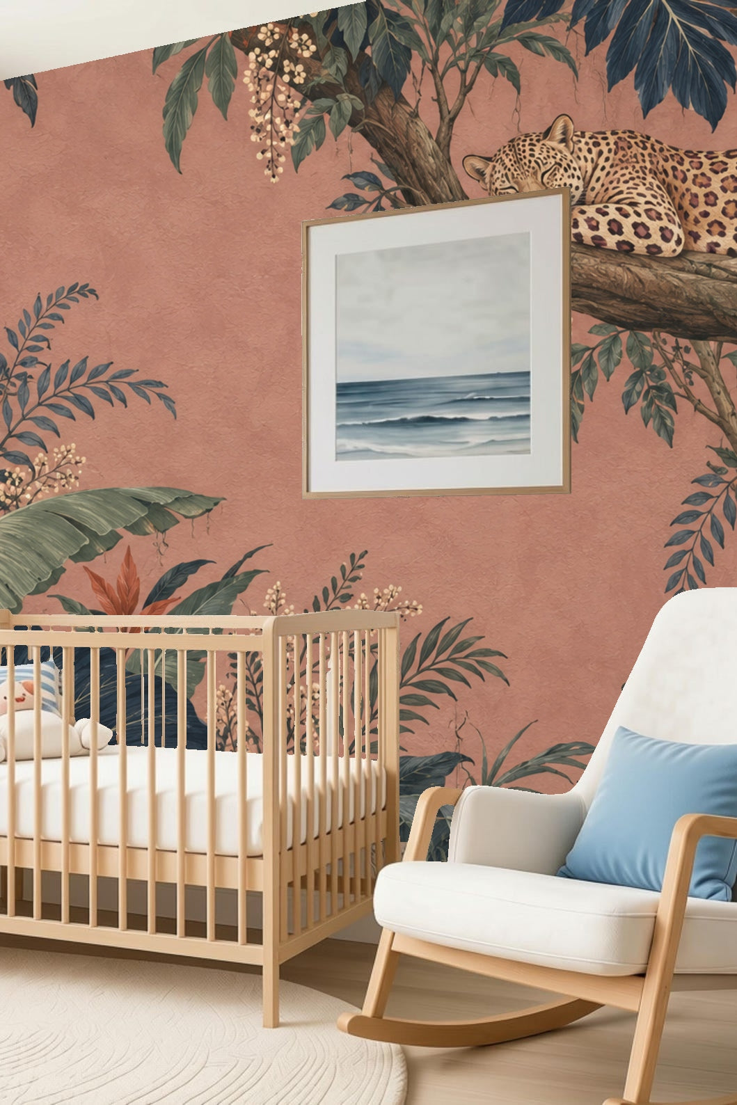 Interior nursery room with Dusk Leopard Grove wallpaper behind a wooden crib and rocking chair
