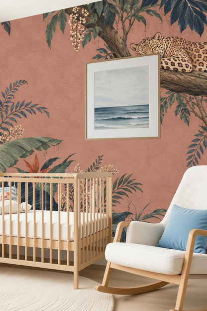 Interior nursery room with Dusk Leopard Grove wallpaper behind a wooden crib and rocking chair