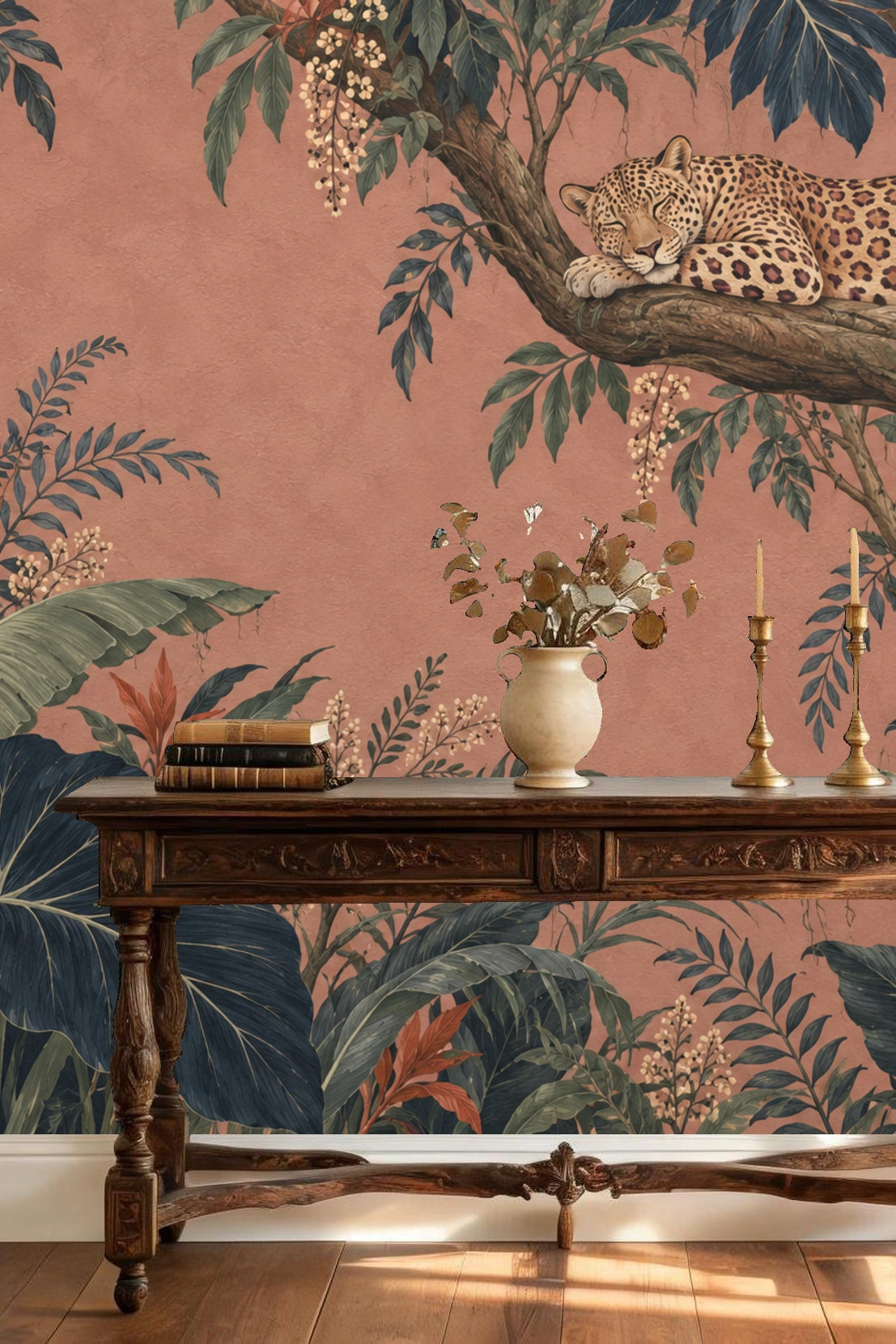 Original artwork showing a reclining leopard on tree branch with lush tropical leaves against terracotta background