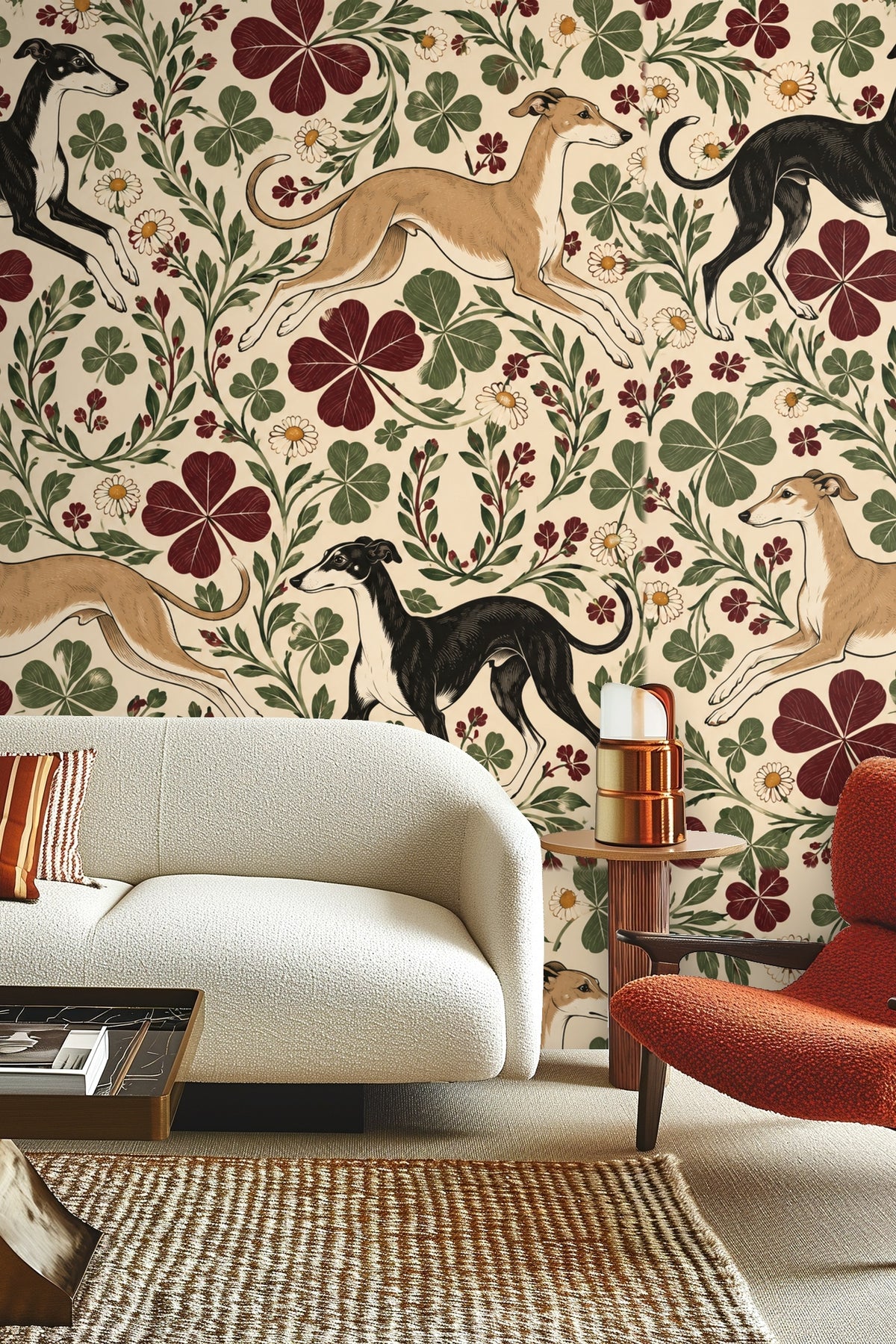 Living room wall showing wallpaper with black and beige greyhounds, clovers, and daisies behind cream sofa and rust chair.