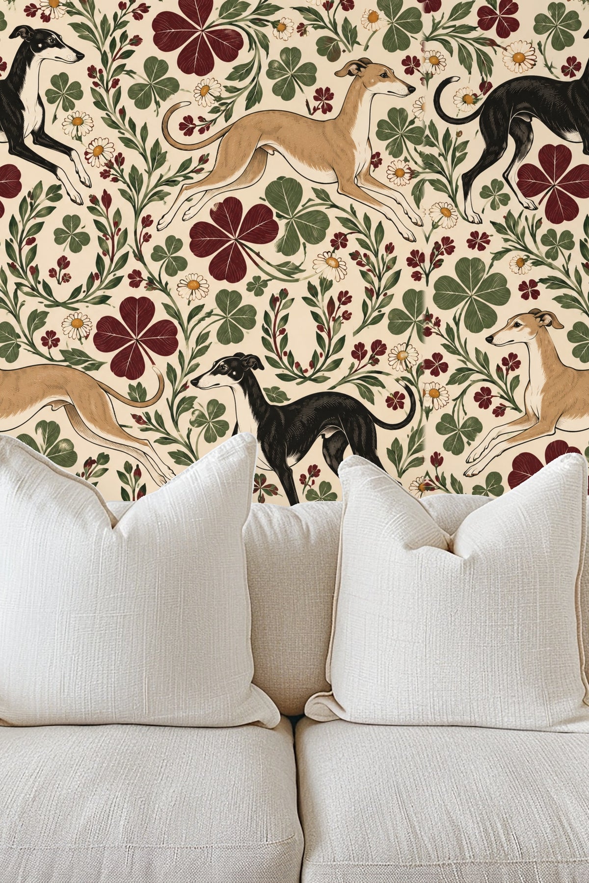 White daisies interspersed between clover leaves on illustration wallpaper.