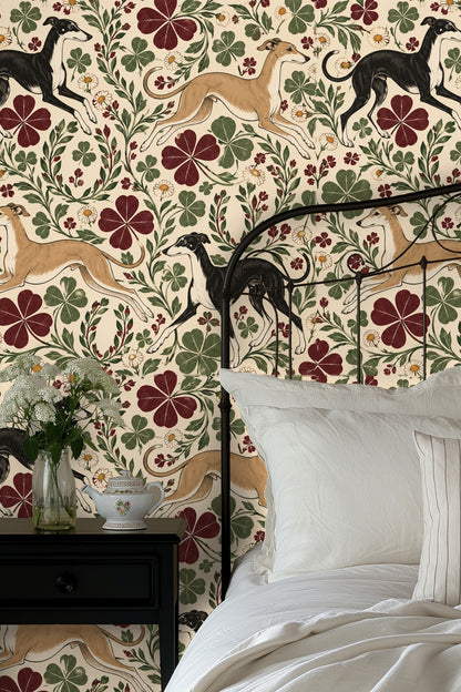 Seamless wallpaper pattern with balanced arrangement of dogs and foliage motifs.