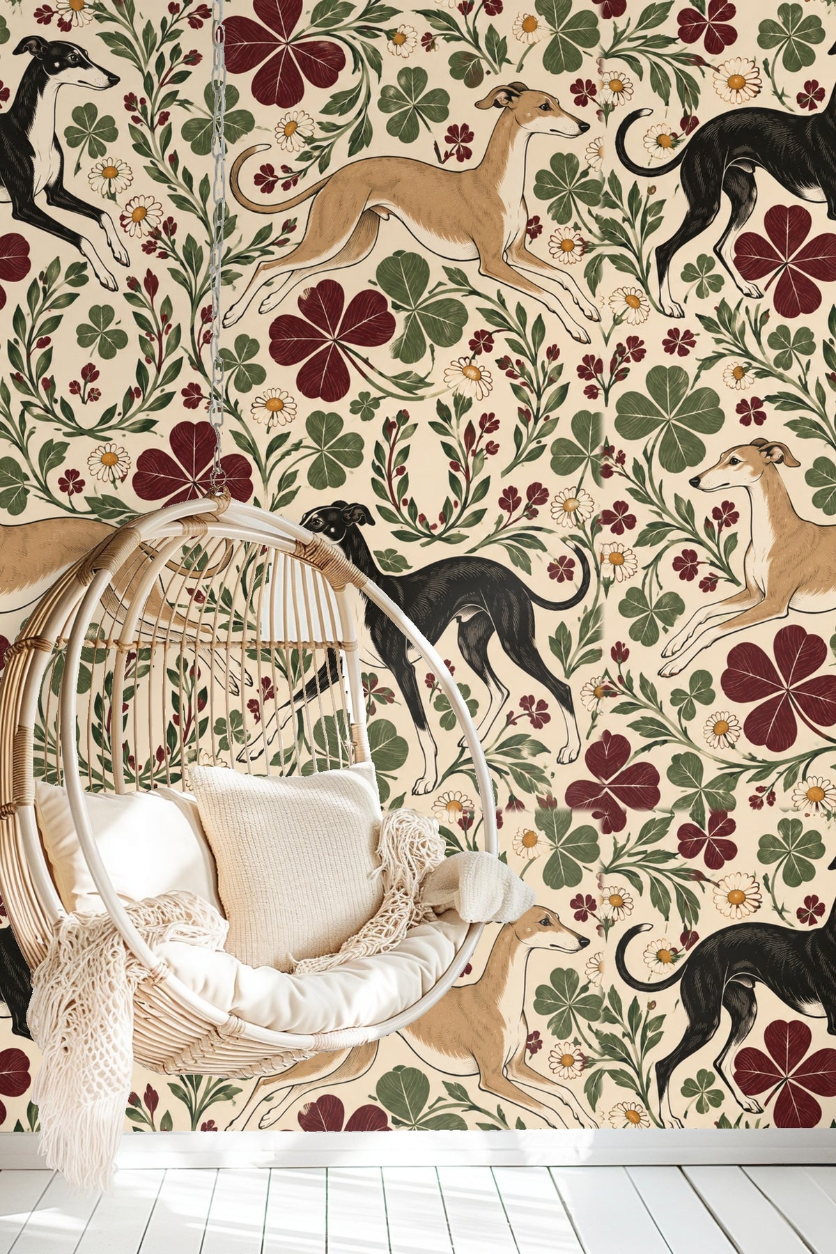 Textured and illustrated fur detail on greyhound figure in wallpaper design.