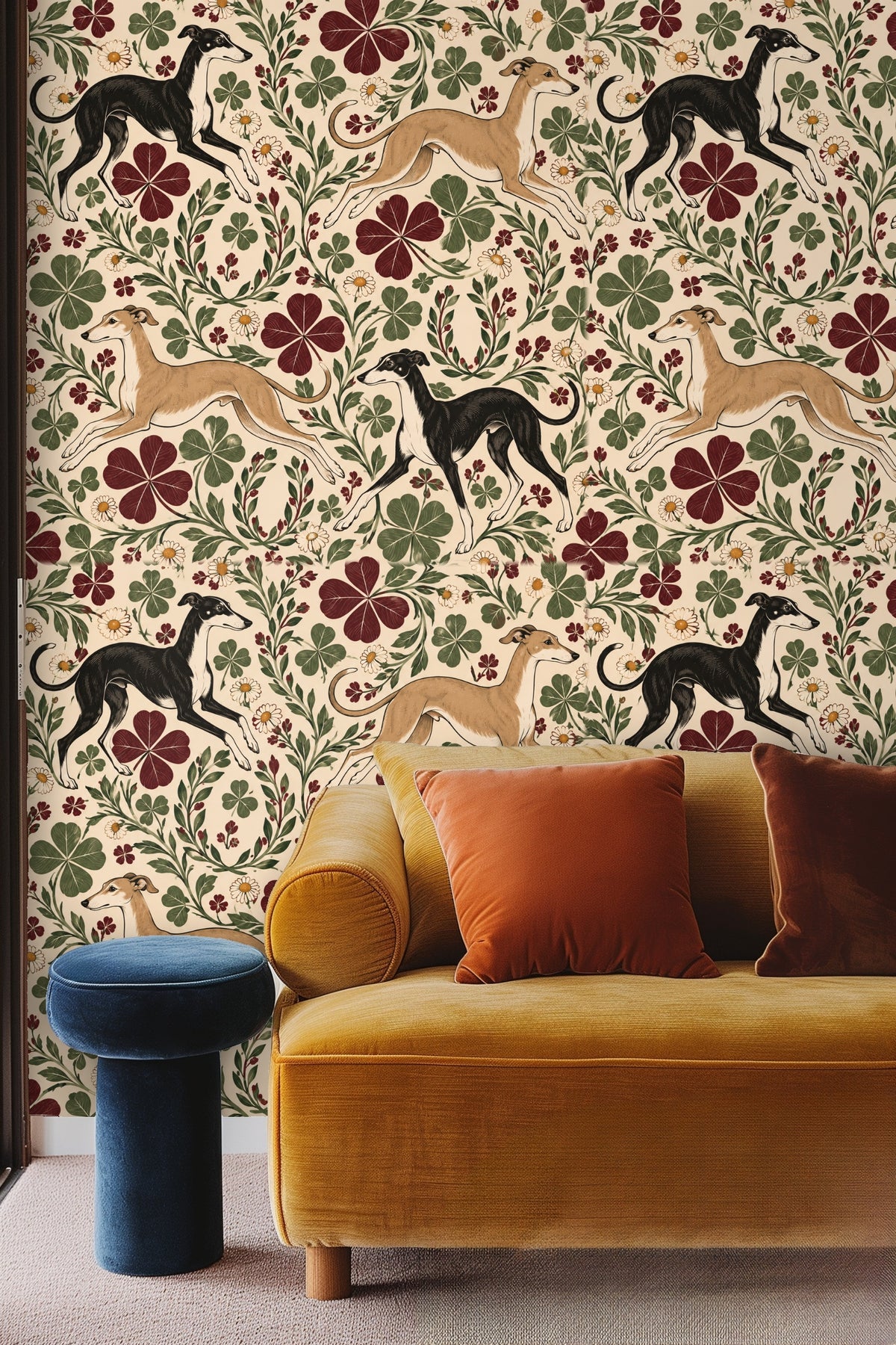 Bedroom wall decorated with wallpaper featuring running beige and black greyhounds alongside clovers and daisies.