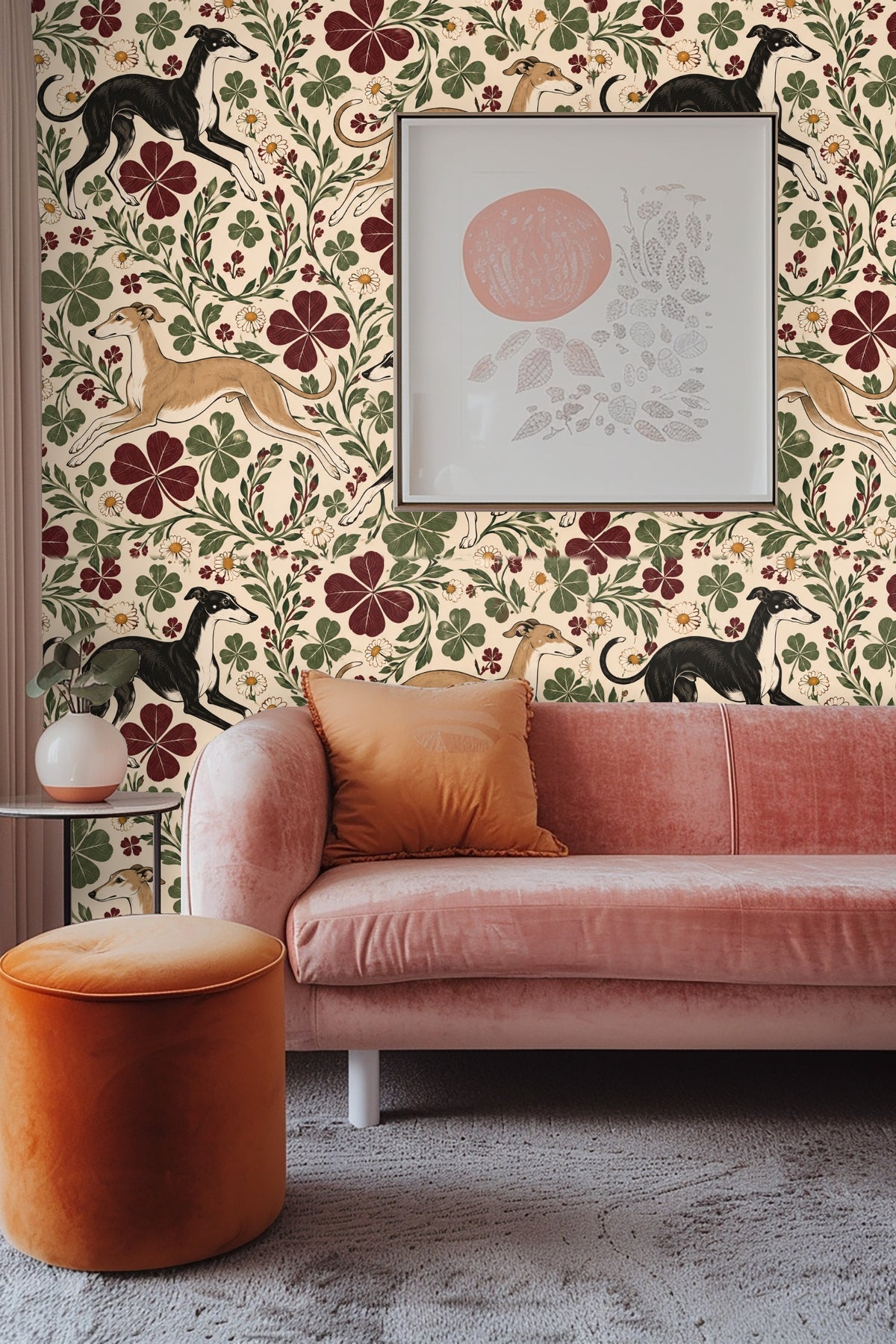 Pattern showcasing motion and elegance of whippets with natural plants.