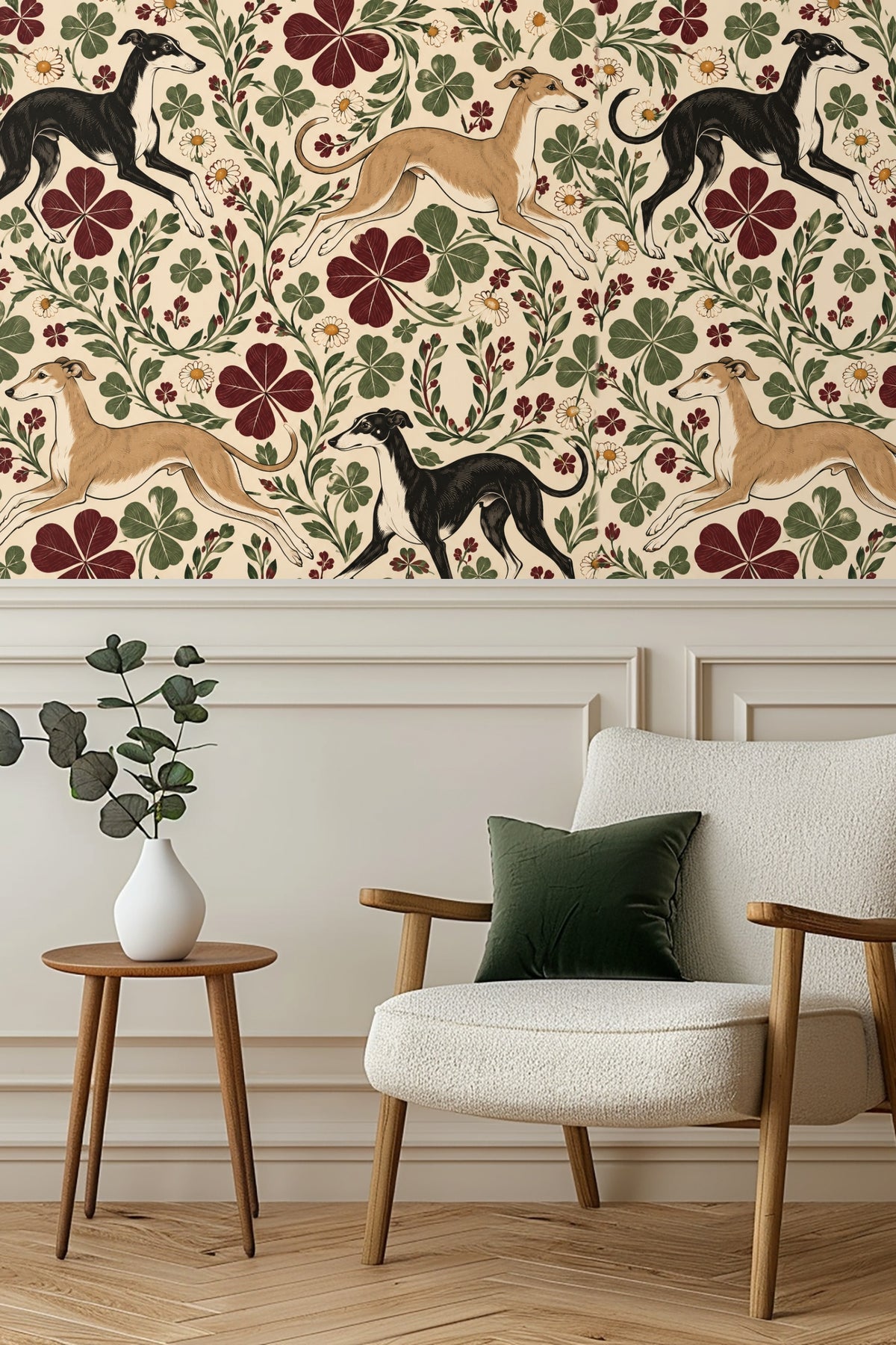 Fawn greyhound mid-leap surrounded by botanical elements on wallpaper.