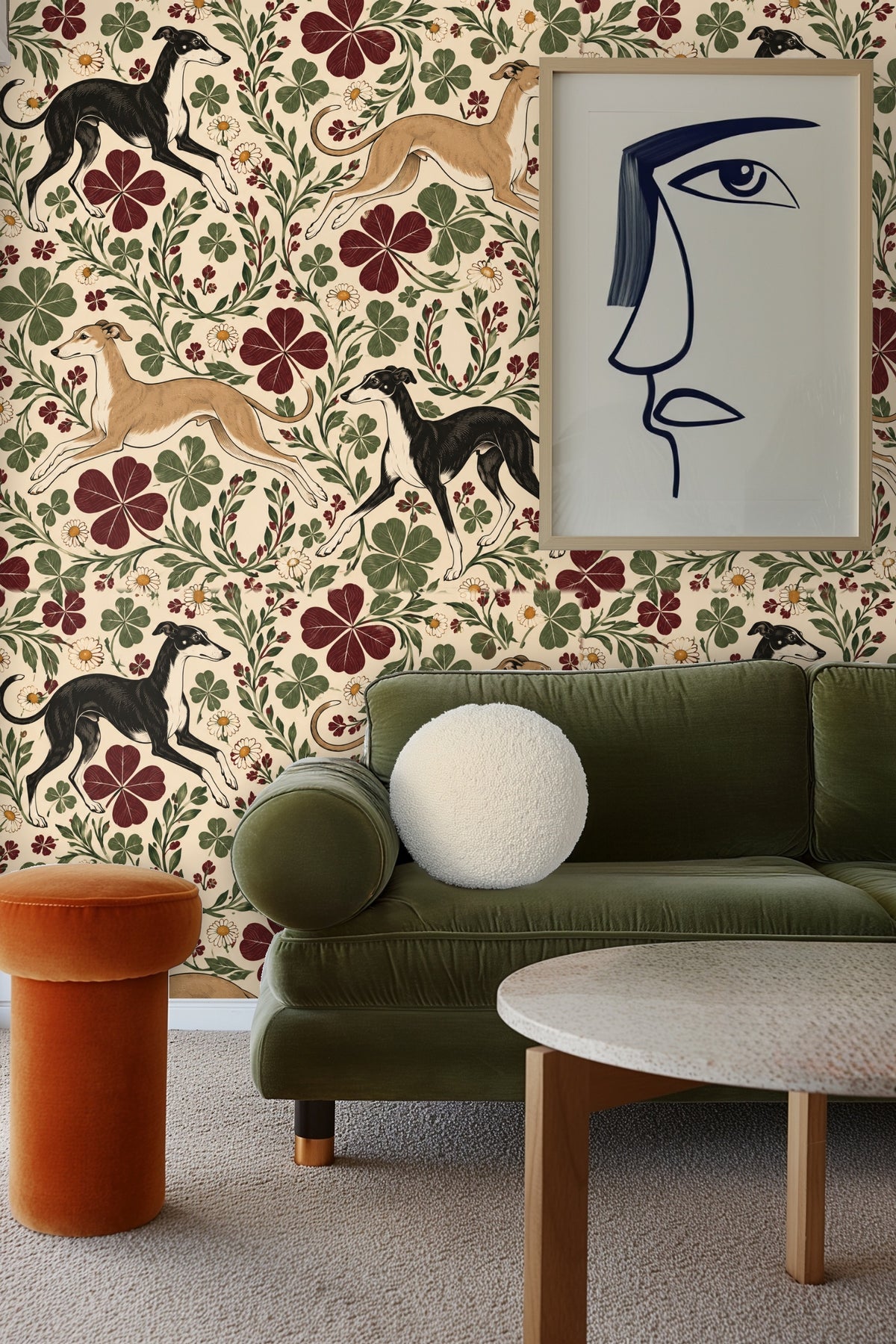 Botanical stems with leaves and buds winding between greyhounds on wallpaper.