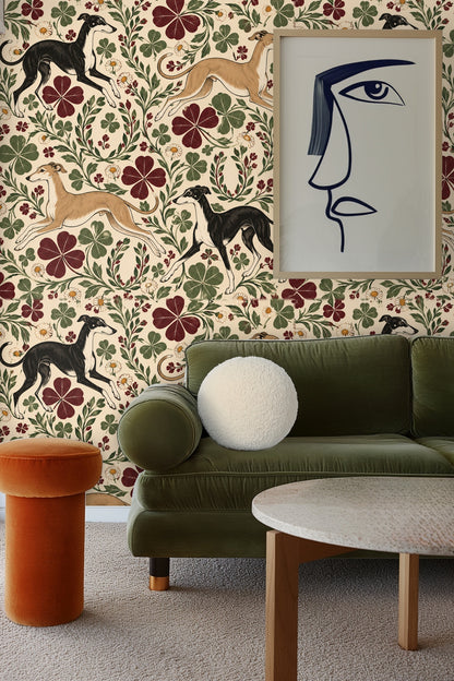 Botanical stems with leaves and buds winding between greyhounds on wallpaper.