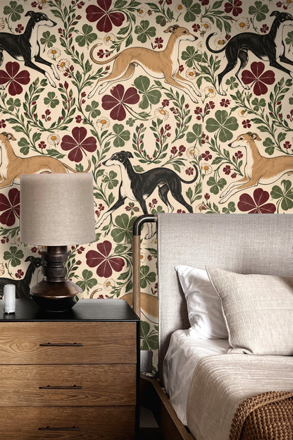 Muted earth tone palette of refined florals and animals for wallpaper.