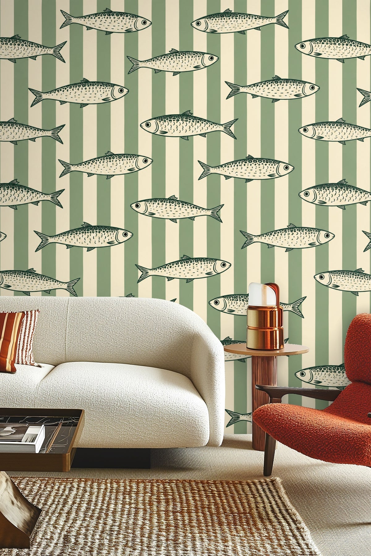 Sardine striped wallpaper behind a lit candle and floral vase on wooden surface