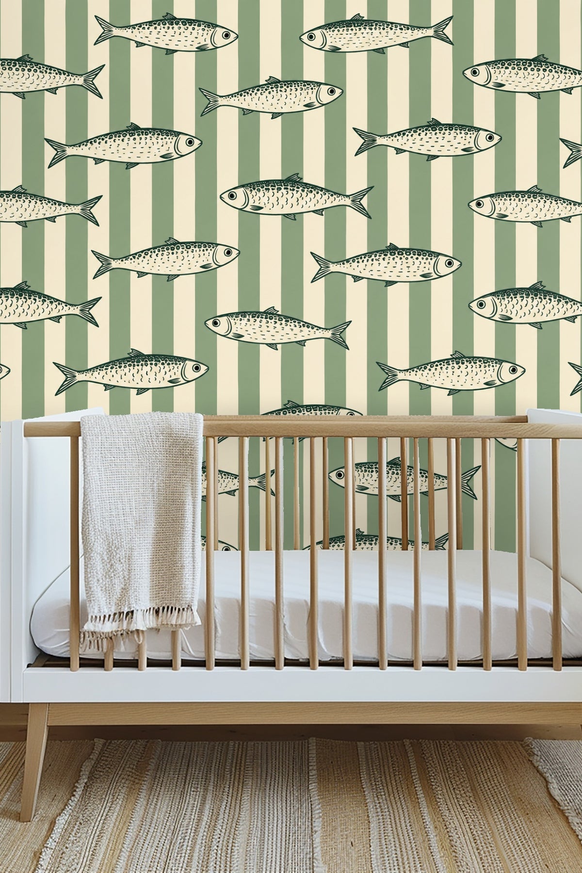 Detail view of sardine scale and stripe pattern in green and cream colorway