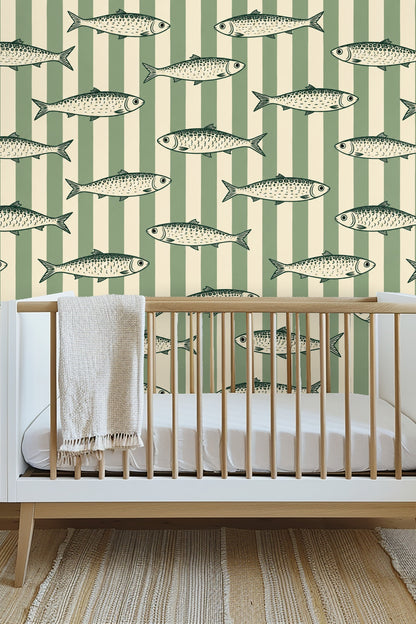 Detail view of sardine scale and stripe pattern in green and cream colorway