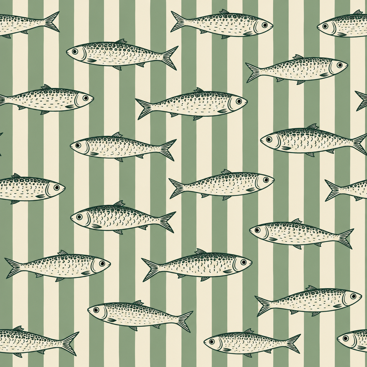 Decorative sardine wallpaper covering a feature wall with wide vertical stripes