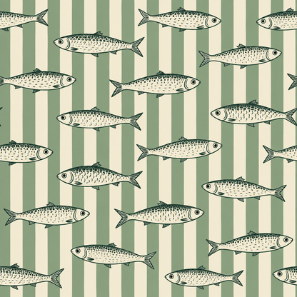 Decorative sardine wallpaper covering a feature wall with wide vertical stripes