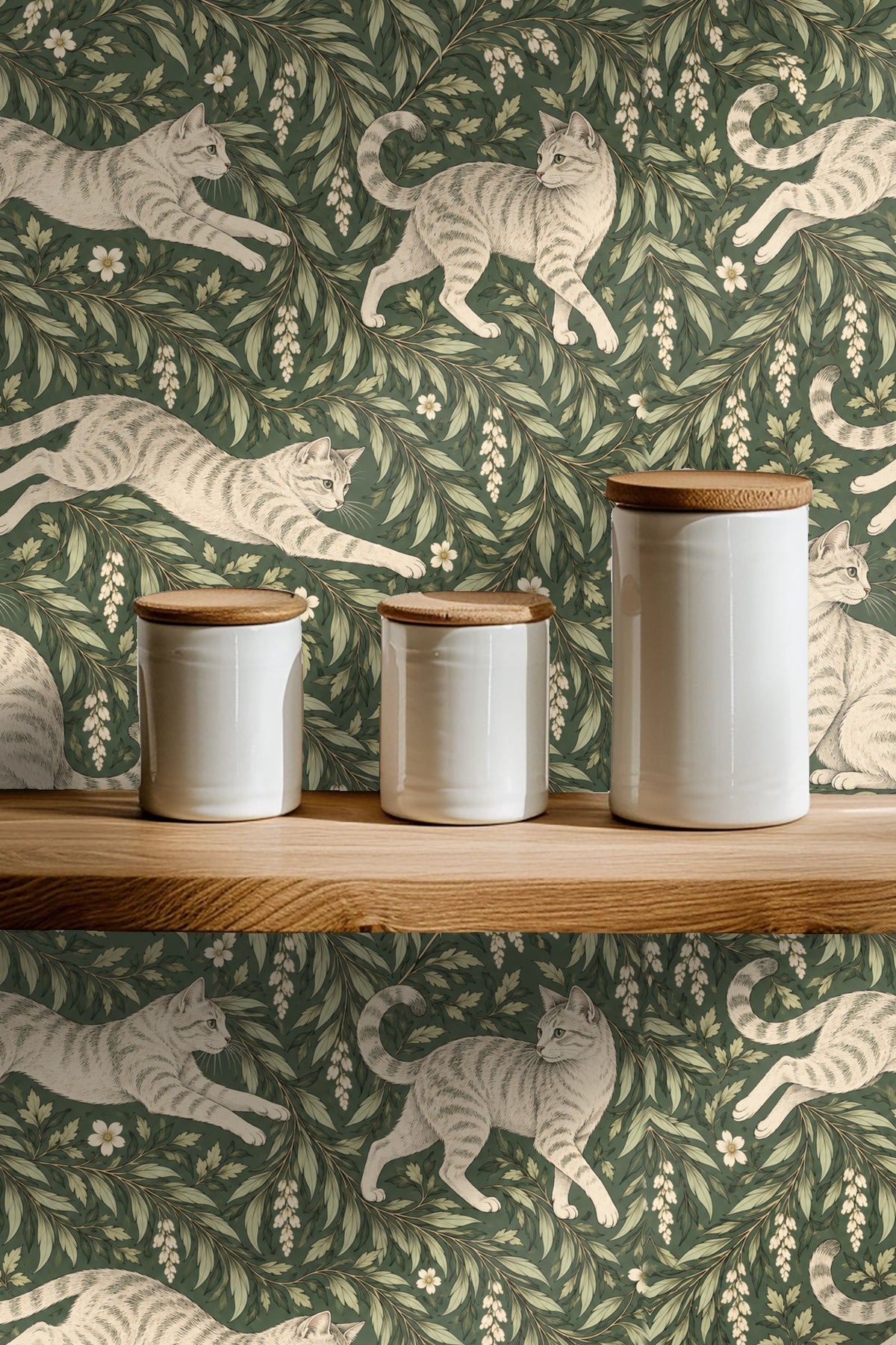 Botanical wallpaper with flowing willow-like branches and small white flowers.