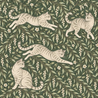Sitting tabby cat looking over shoulder surrounded by twisting vines with small flower clusters.