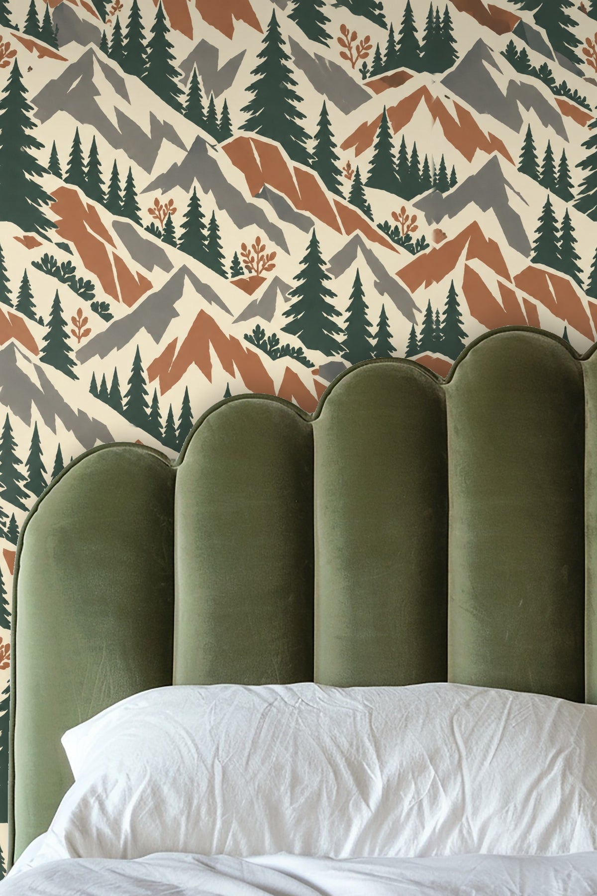 Living room with curved white sofa and midcentury mountain wallpaper