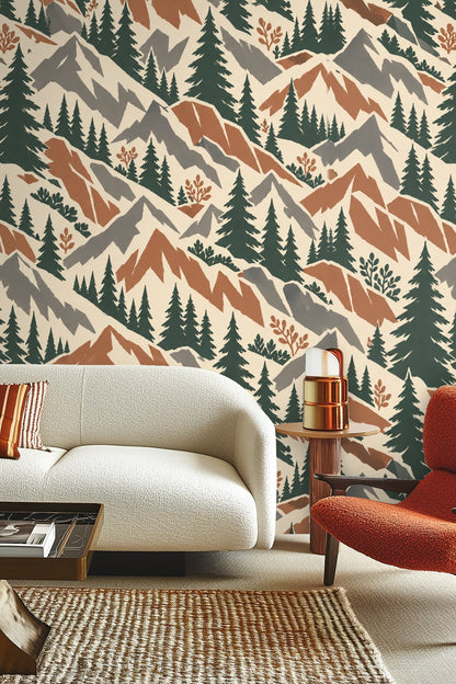 Graphic illustrated mountain landscape wallpaper in green, rust, and gray on cream background