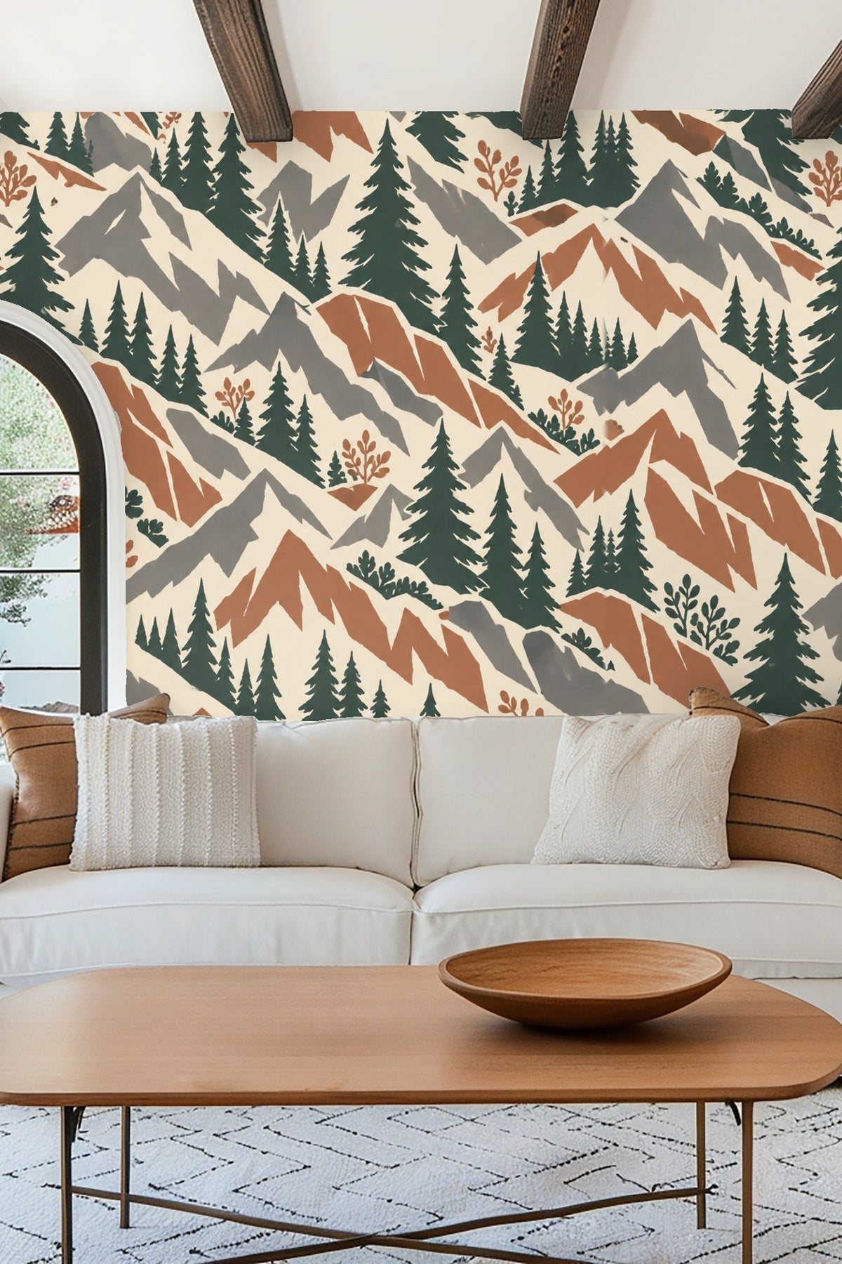 Bedroom with olive green scalloped headboard and mountain wallpaper