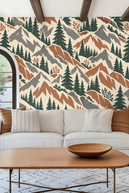 Bedroom with olive green scalloped headboard and mountain wallpaper