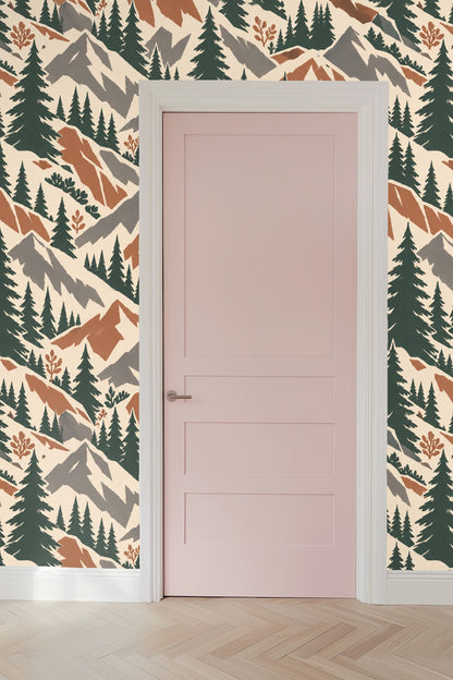 Terra Firma Pines wallpaper shown in an interior setting