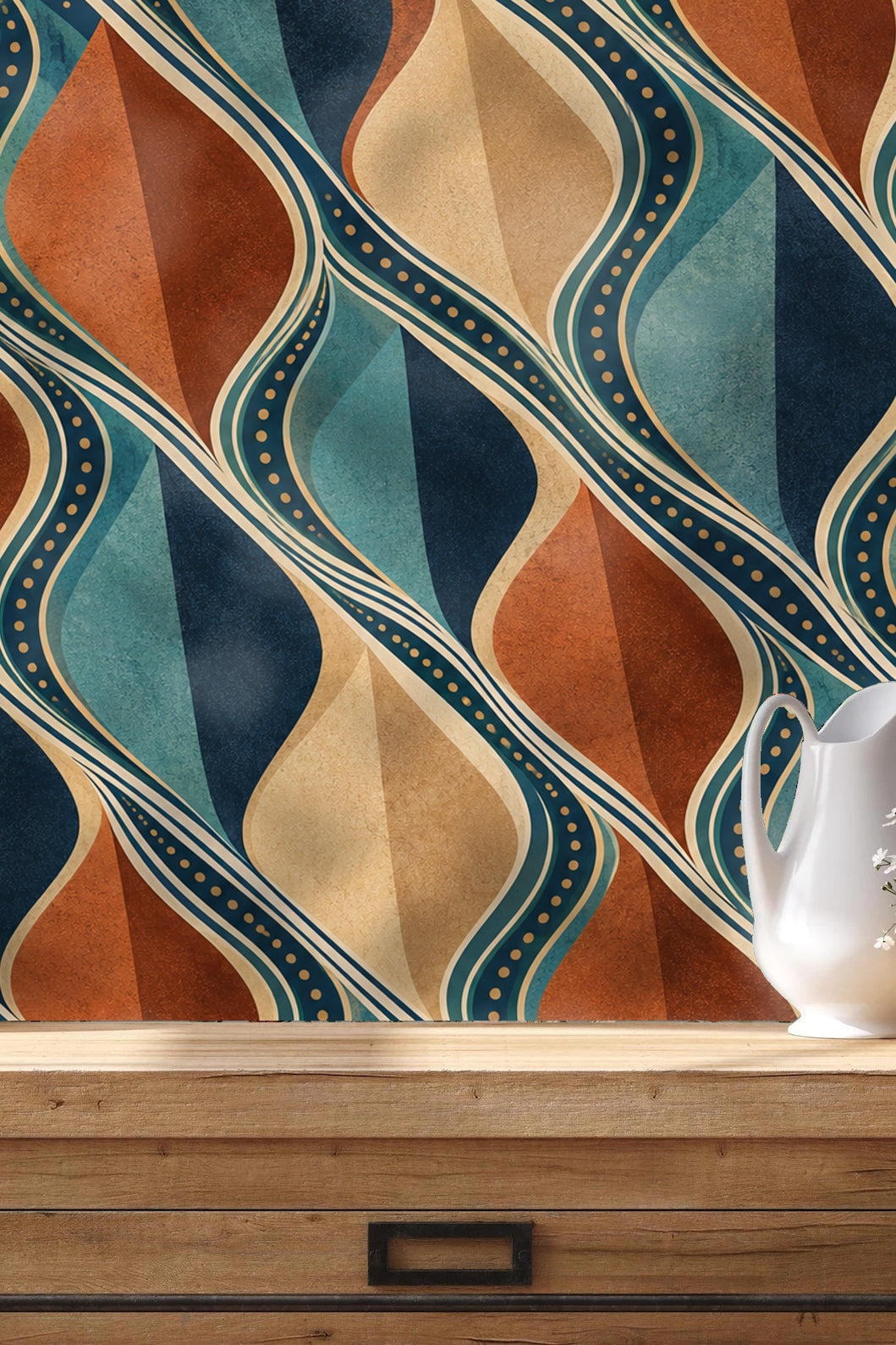 Artistic focus on the copper and teal color intersections within the wallpaper