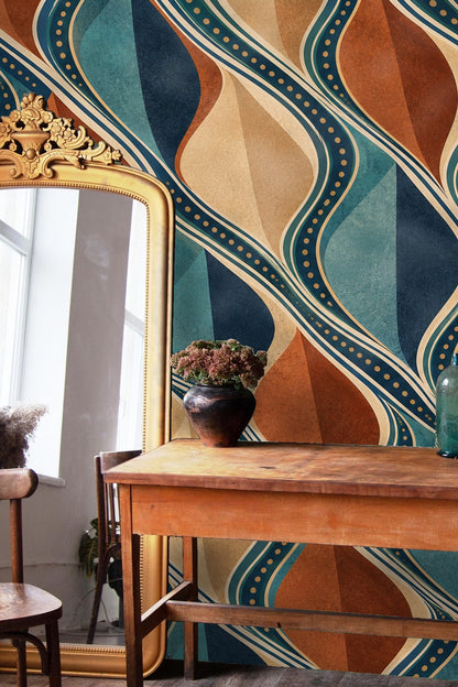 Muted ochre and navy blue shapes in Deco Drift wallpaper with subtle shading