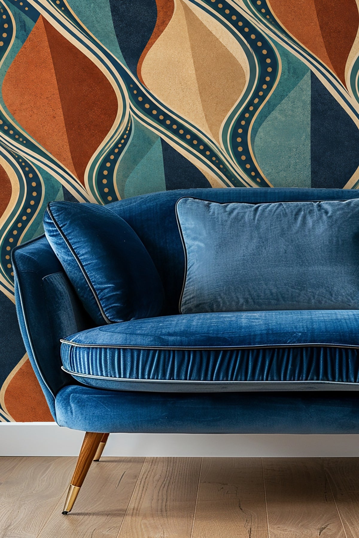 Original artwork of Deco Drift wallpaper showing diagonal leaf motifs in blue and copper hues