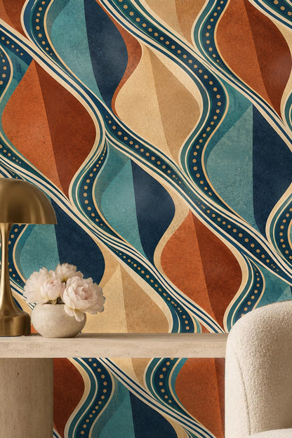 Modern mid-century style interior with Deco Drift wallpaper as focal point