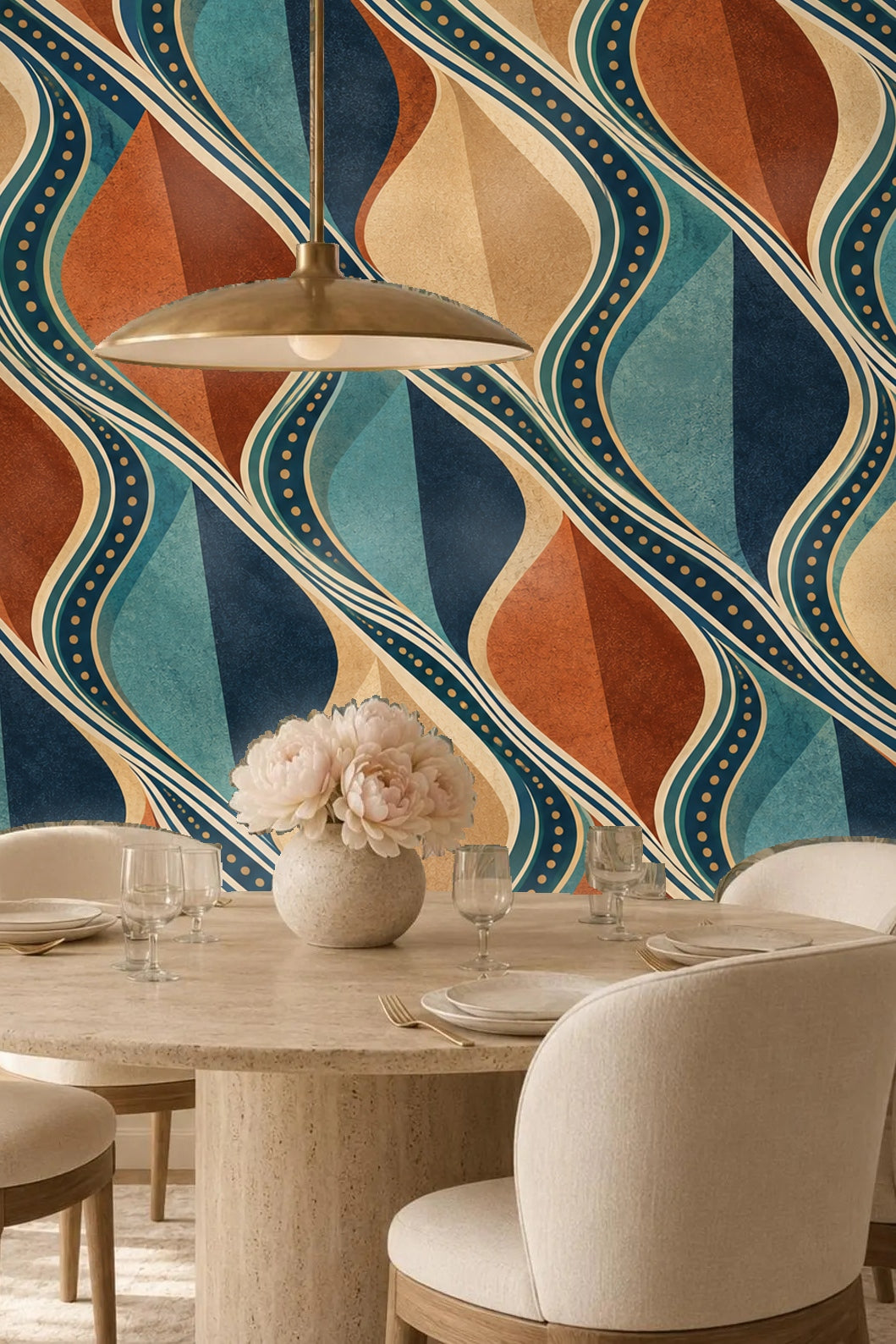 Living room corner highlighting the contrast between the plush blue couch and Deco Drift wallpaper