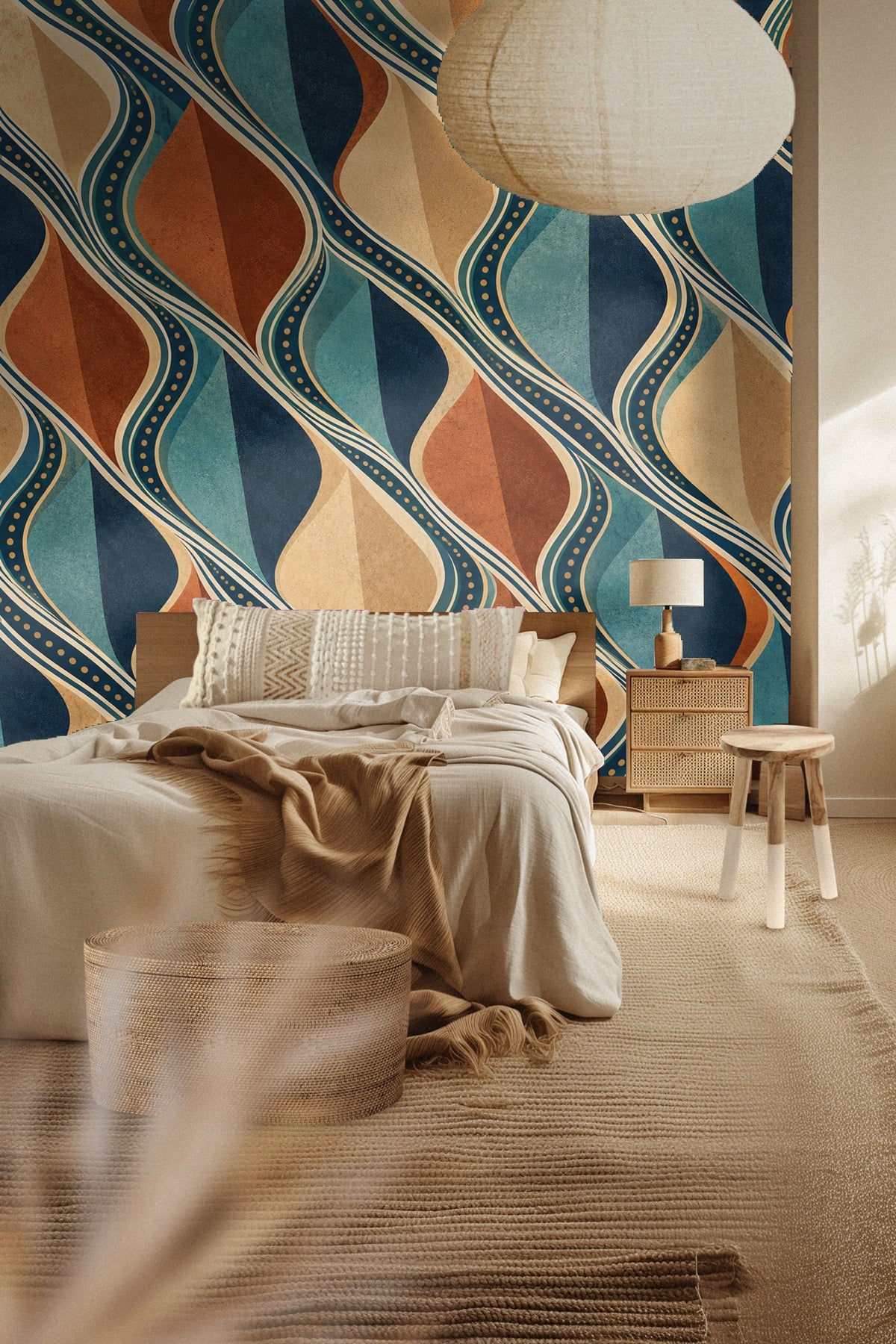 Vertical view of Deco Drift wallpaper lines creating a flowing, dynamic pattern