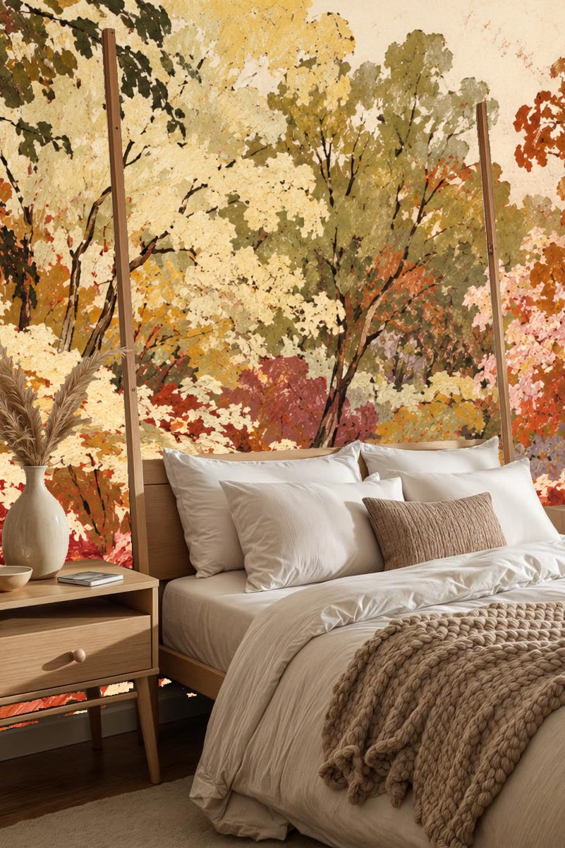Living room setting featuring wallpaper mural of textured sepia woodland behind a light gray armchair and small round table.