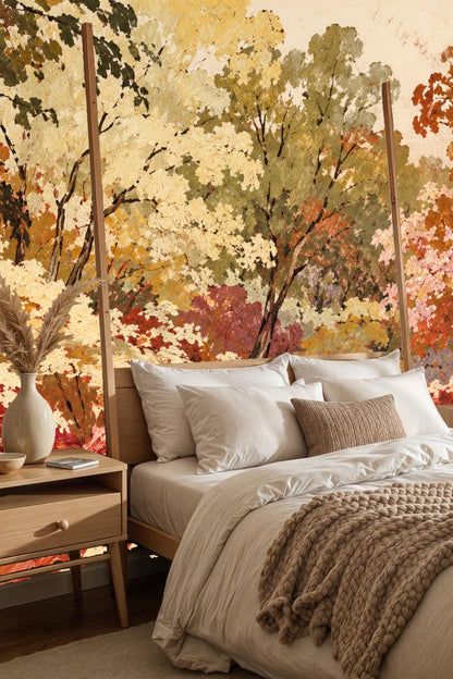 Living room setting featuring wallpaper mural of textured sepia woodland behind a light gray armchair and small round table.