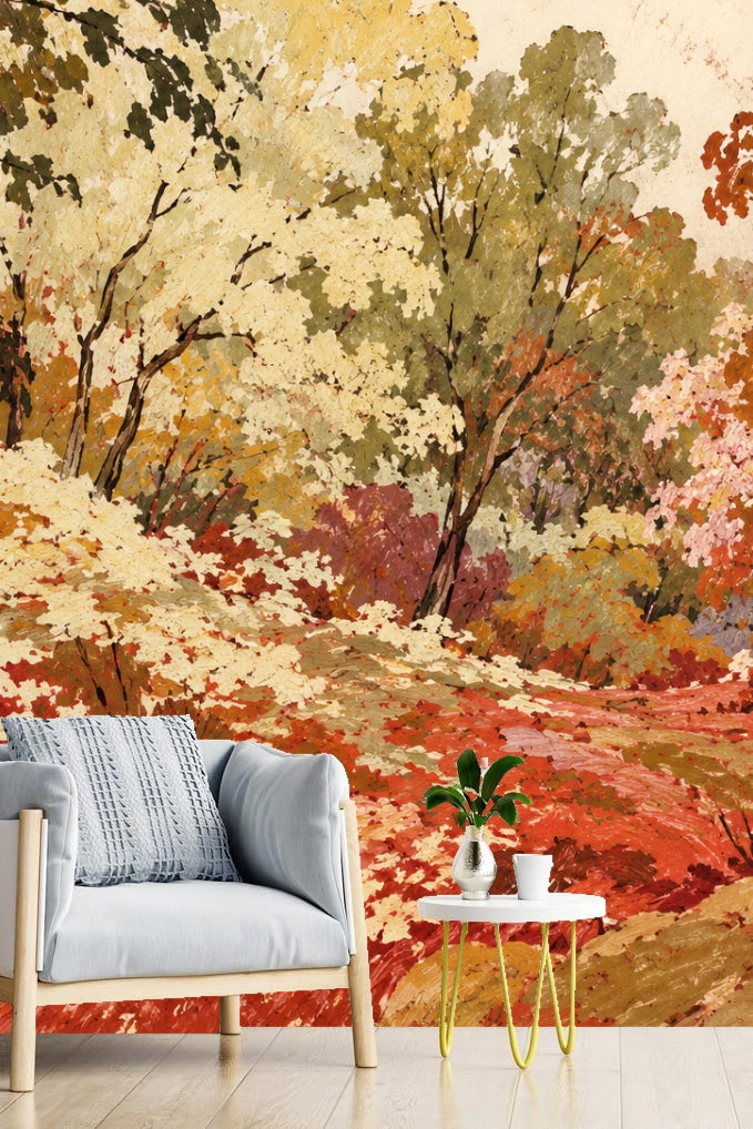 Original artwork showing impressionistic autumn forest with dense cream, ochre, green, and rust leaves.