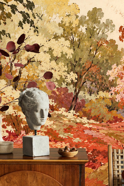 Sepia Woodland Tapestry wallpaper shown in an interior setting