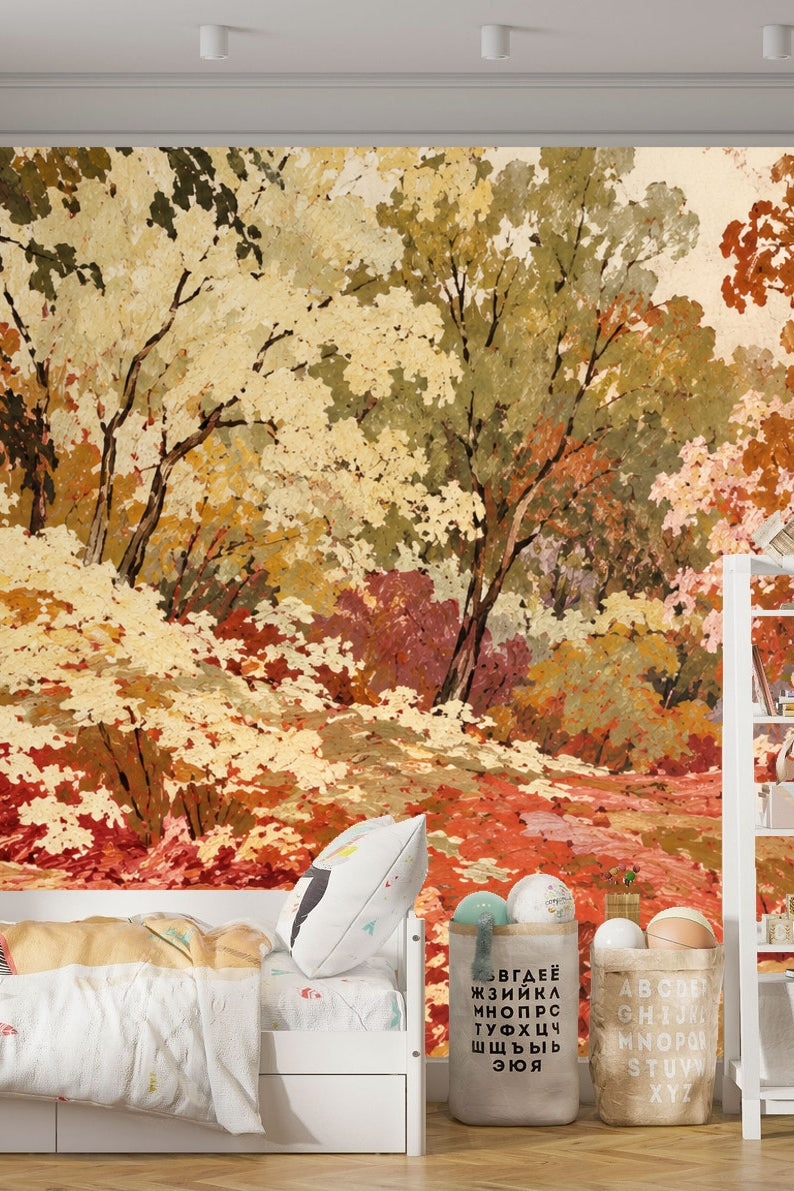 Sepia Woodland Tapestry wallpaper shown in an interior setting