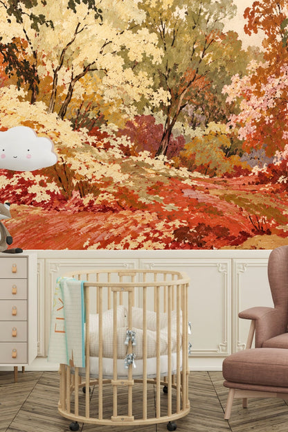 Bedroom scene with wallpaper mural of autumn leaf canopy behind a wooden four-poster bed dressed with white and beige linens.