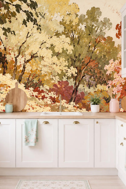Sepia Woodland Tapestry wallpaper shown in an interior setting
