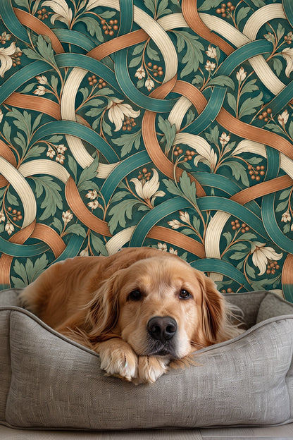 Wall view showing close detail of teal and cream ribbons weaving through leafy motifs