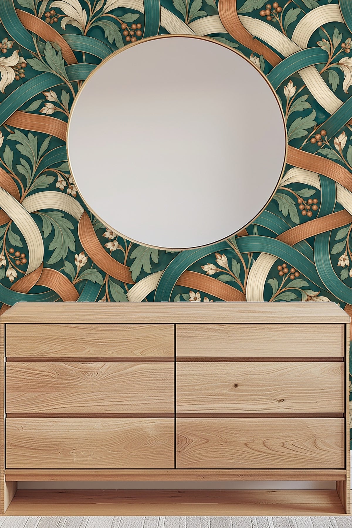 Side light cast on folds of the wallpaper's textured ribbons