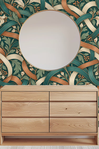 Side light cast on folds of the wallpaper's textured ribbons