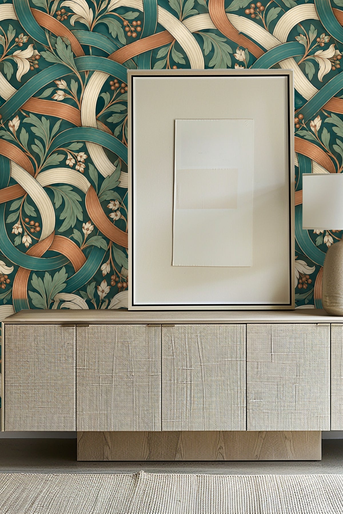 Original wallpaper artwork featuring interwoven ribbons in teal, cream, and terracotta with stylized foliage and flowers