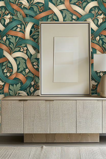 Original wallpaper artwork featuring interwoven ribbons in teal, cream, and terracotta with stylized foliage and flowers