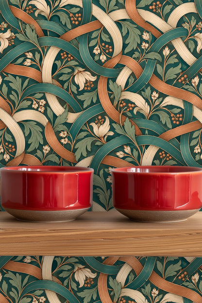 Warm terracotta ribbons blending with green foliage