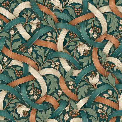 Close-up of delicate white flowers accompanying interwoven botanical ribbons