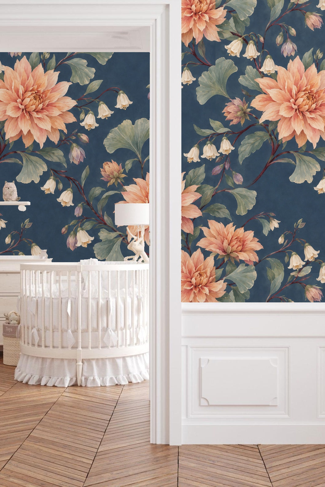 Floral wallpaper with large coral dahlias and delicate purple bellflowers.