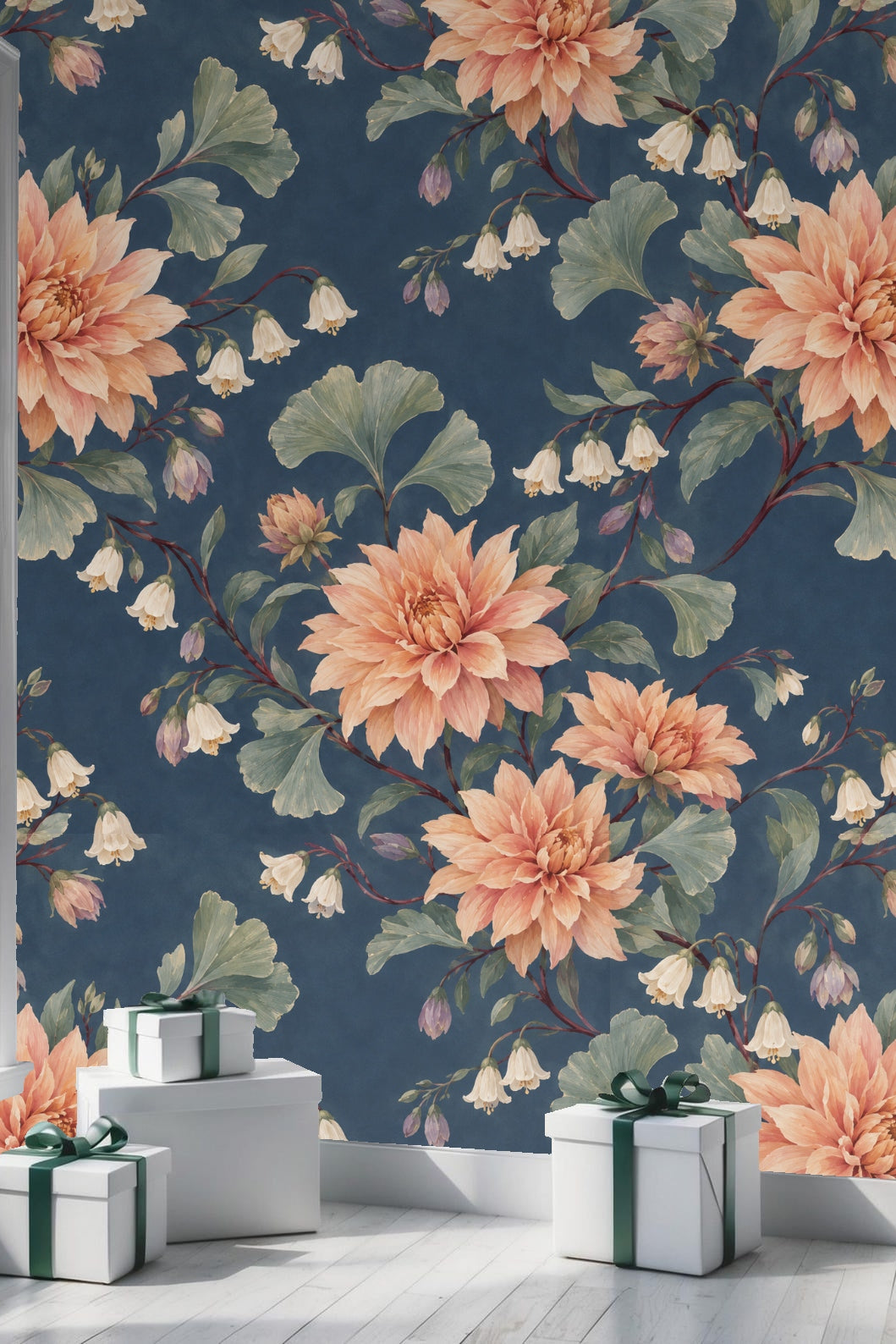 Artisan wallpaper pattern with large blooms and botanical leaves in soft green hues.