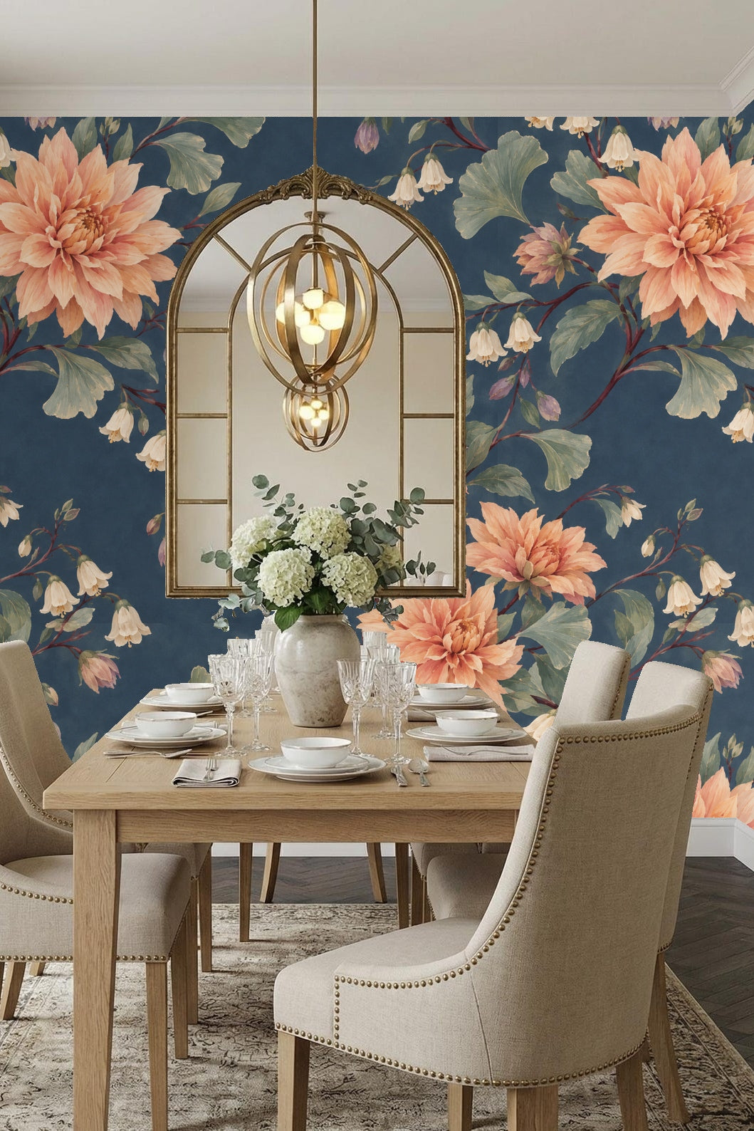 Vintage botanical style wallpaper with ginkgo leaves and bellflowers in coral and lavender.