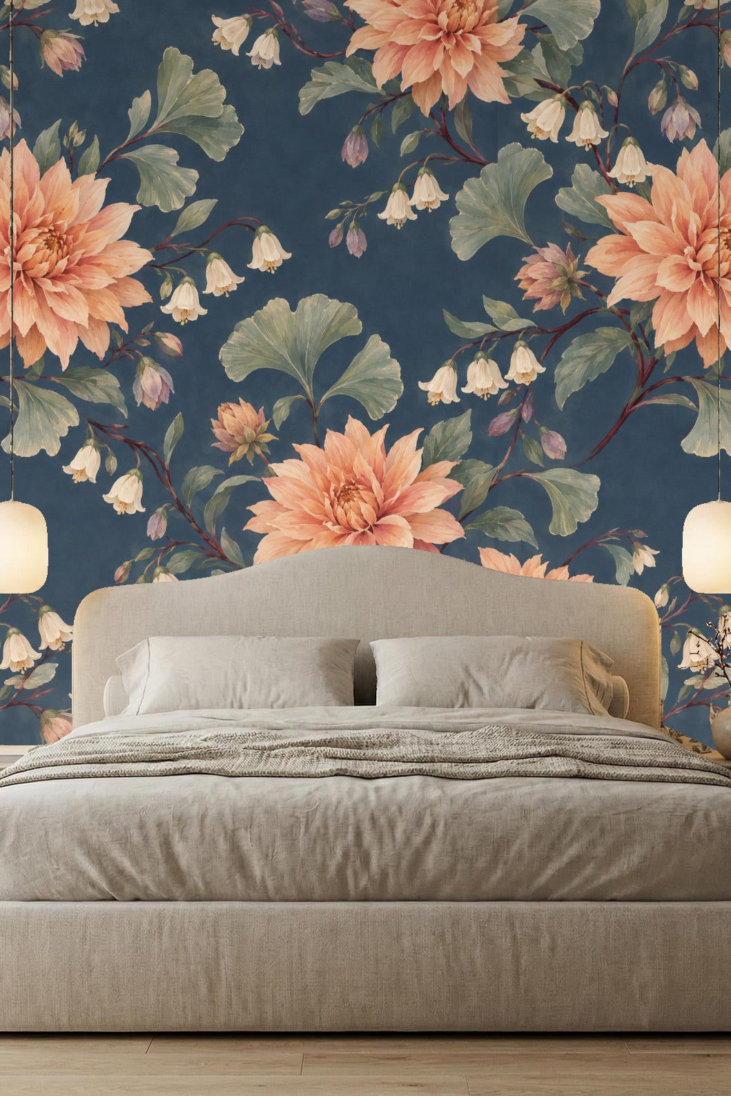 Dahlias on dusky blue wallpaper in a nursery setting with crib and cozy armchair.